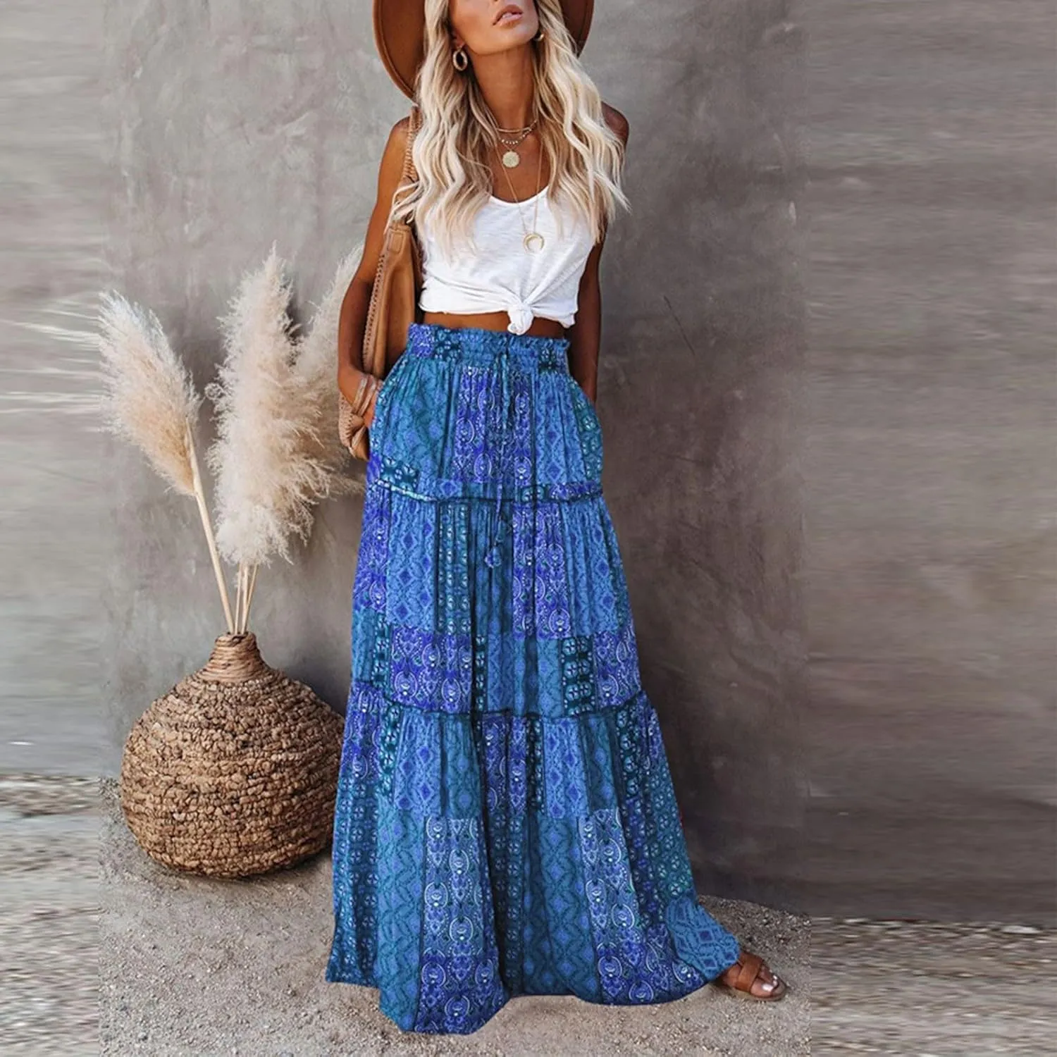 Long Skirts,Trendy Flowy Skirts for Women 2025 Elastic High Waisted Pleated Womens Boho Maxi Skirt with Pockets