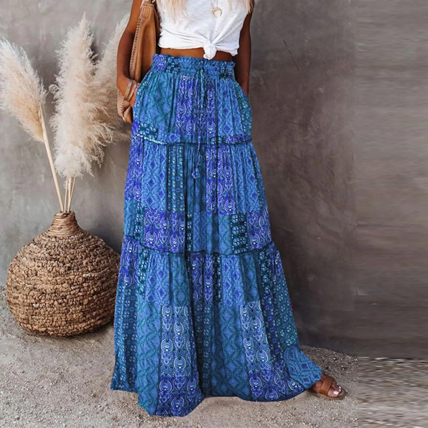 Long Skirts,Trendy Flowy Skirts for Women 2025 Elastic High Waisted Pleated Womens Boho Maxi Skirt with Pockets