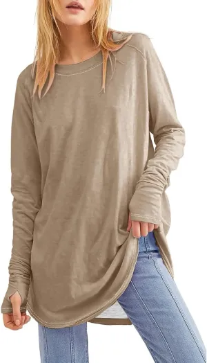 Long Sleeve Shirts for Women Cotton Oversized Crew Neck Tunic Tops with Thumb Holes Fall Casual Loose T Shirts Blouses