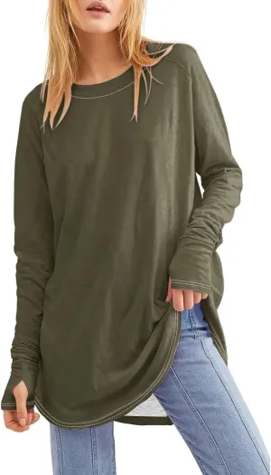 Long Sleeve Shirts for Women Cotton Oversized Crew Neck Tunic Tops with Thumb Holes Fall Casual Loose T Shirts Blouses