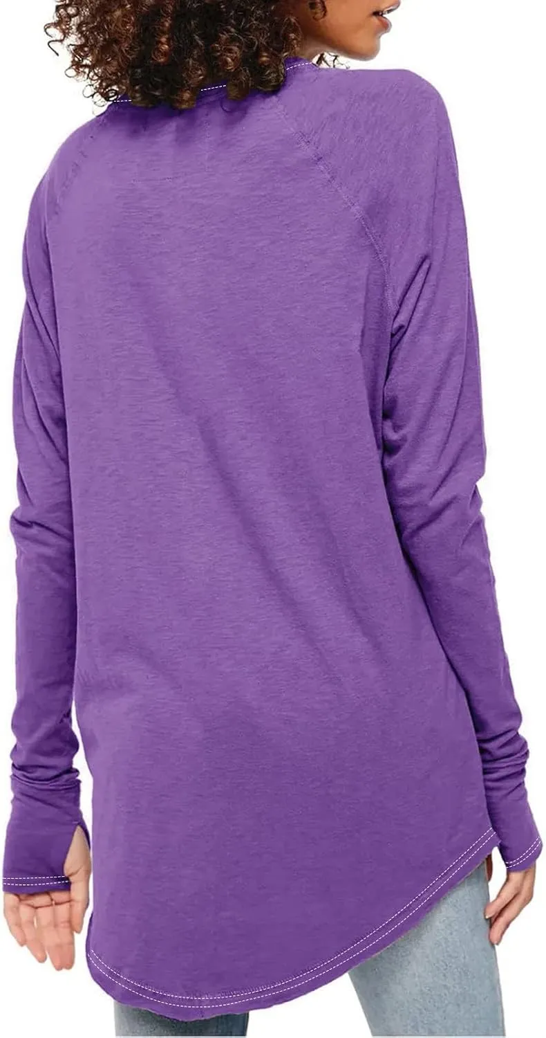 Long Sleeve Shirts for Women Cotton Oversized Crew Neck Tunic Tops with Thumb Holes Fall Casual Loose T Shirts Blouses