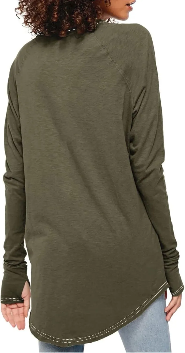 Long Sleeve Shirts for Women Cotton Oversized Crew Neck Tunic Tops with Thumb Holes Fall Casual Loose T Shirts Blouses