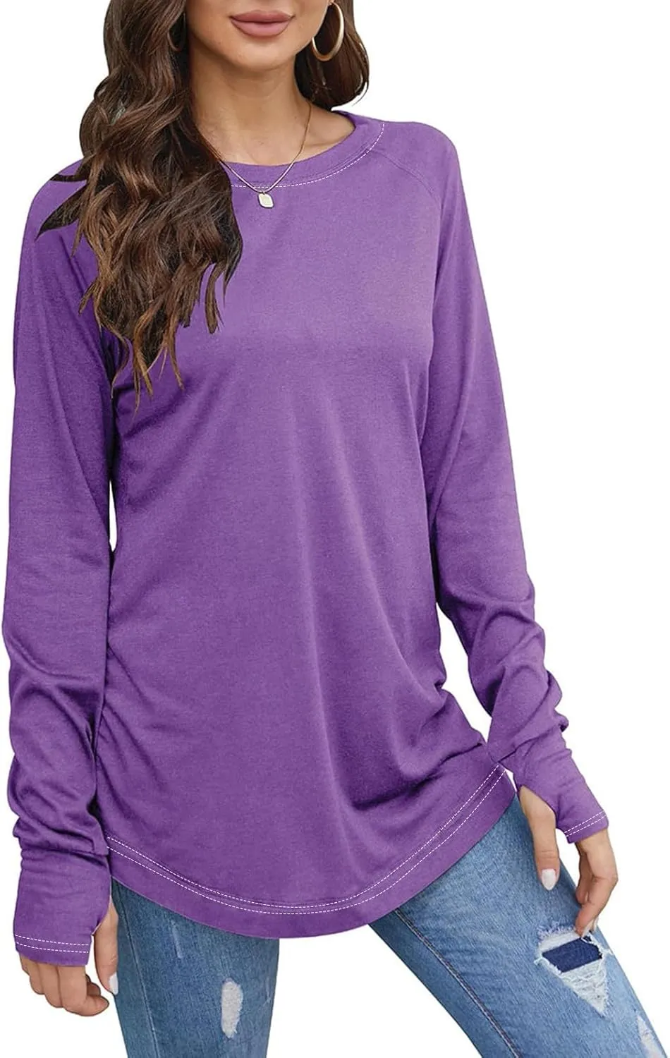 Long Sleeve Shirts for Women Cotton Oversized Crew Neck Tunic Tops with Thumb Holes Fall Casual Loose T Shirts Blouses