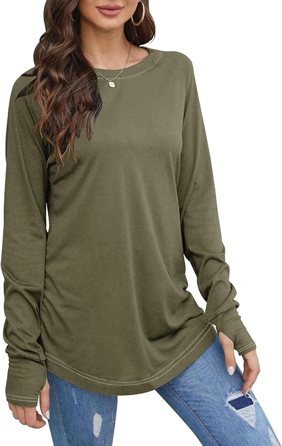 Long Sleeve Shirts for Women Cotton Oversized Crew Neck Tunic Tops with Thumb Holes Fall Casual Loose T Shirts Blouses