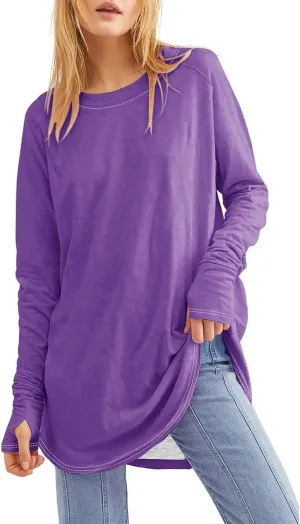 Long Sleeve Shirts for Women Cotton Oversized Crew Neck Tunic Tops with Thumb Holes Fall Casual Loose T Shirts Blouses