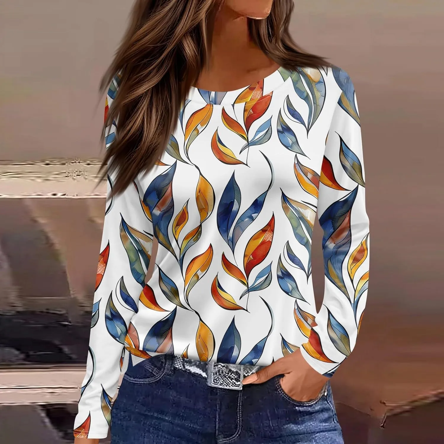 Long Sleeve Shirts for Women - Womens T Shirts Long Sleeve Crew Neck Shirts Basic Tee Sort Comfy Floral Printed Tops