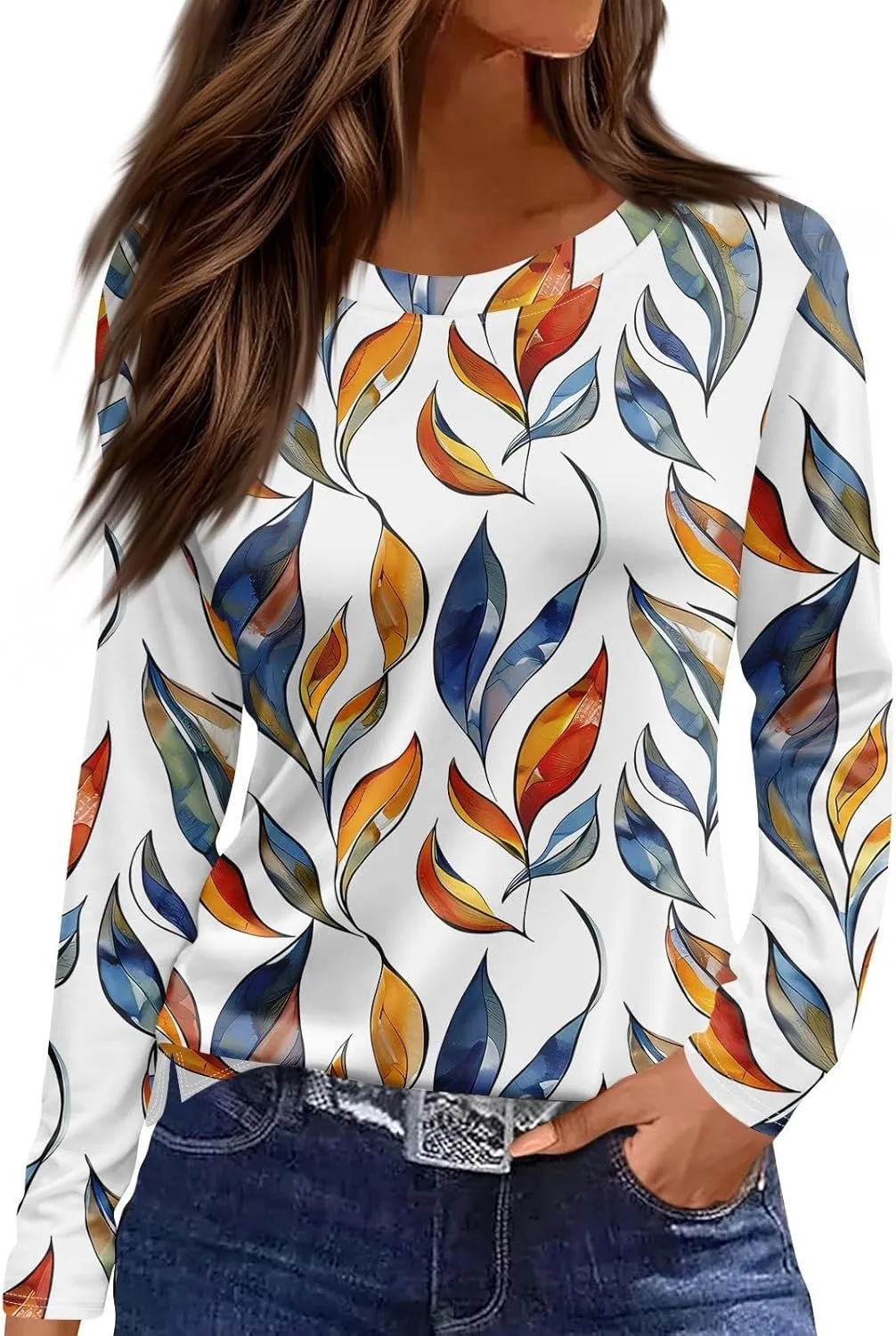 Long Sleeve Shirts for Women - Womens T Shirts Long Sleeve Crew Neck Shirts Basic Tee Sort Comfy Floral Printed Tops