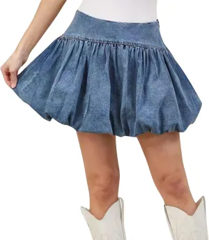 loveimgs Women Cute High Waisted Short Denim Pleated Mini Jean Skirt Ruffle A Line Skirt Y2k Balloon Bubble Skirt