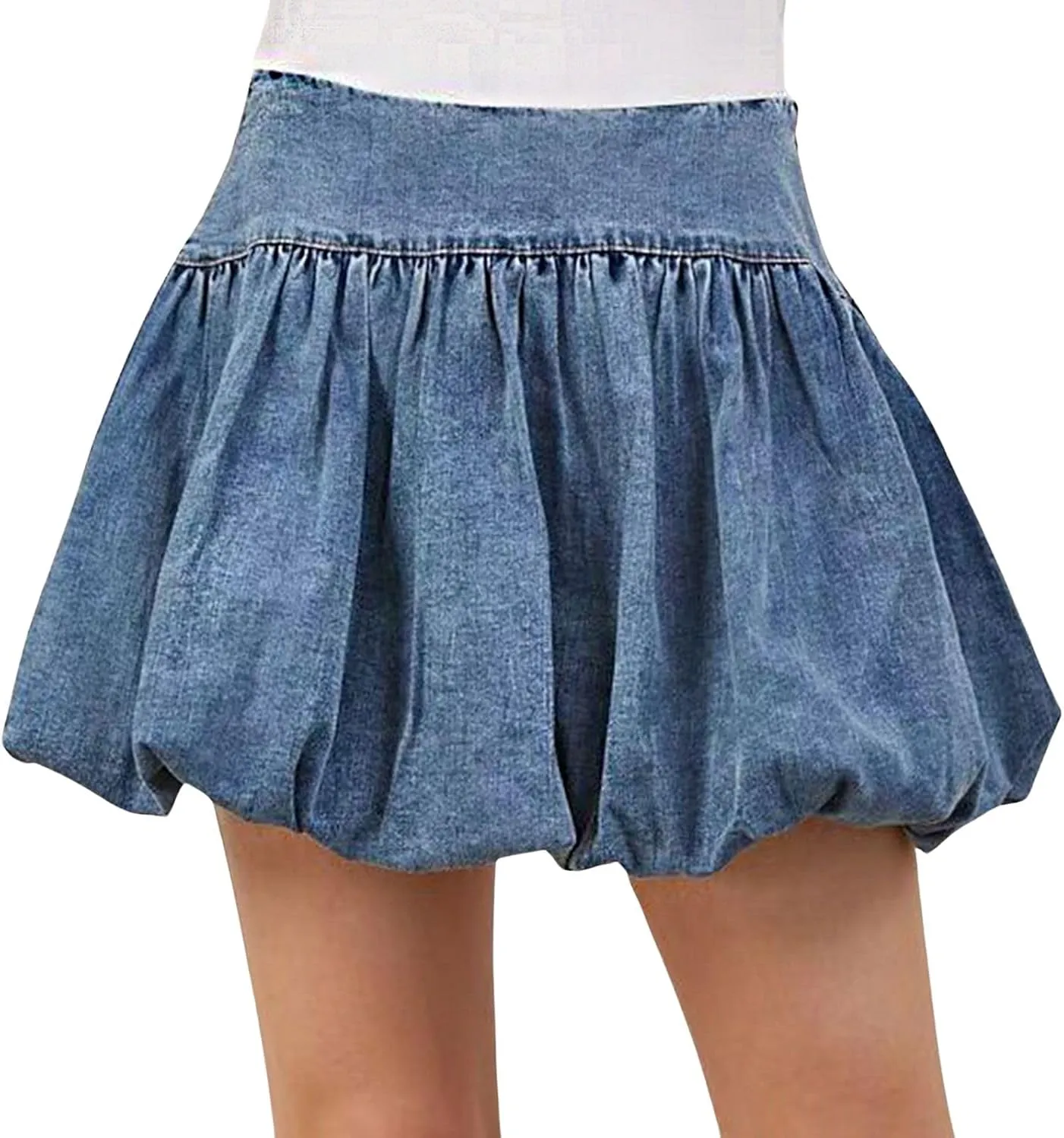 loveimgs Women Cute High Waisted Short Denim Pleated Mini Jean Skirt Ruffle A Line Skirt Y2k Balloon Bubble Skirt