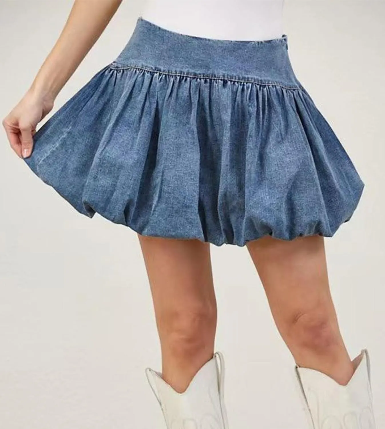 loveimgs Women Cute High Waisted Short Denim Pleated Mini Jean Skirt Ruffle A Line Skirt Y2k Balloon Bubble Skirt