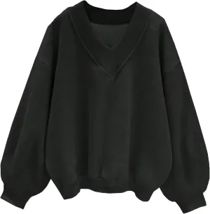 LovelyWholesale Women Oversized V Neck Sweatshirt Long Sleeve Shirts Drop Shoulder Tops
