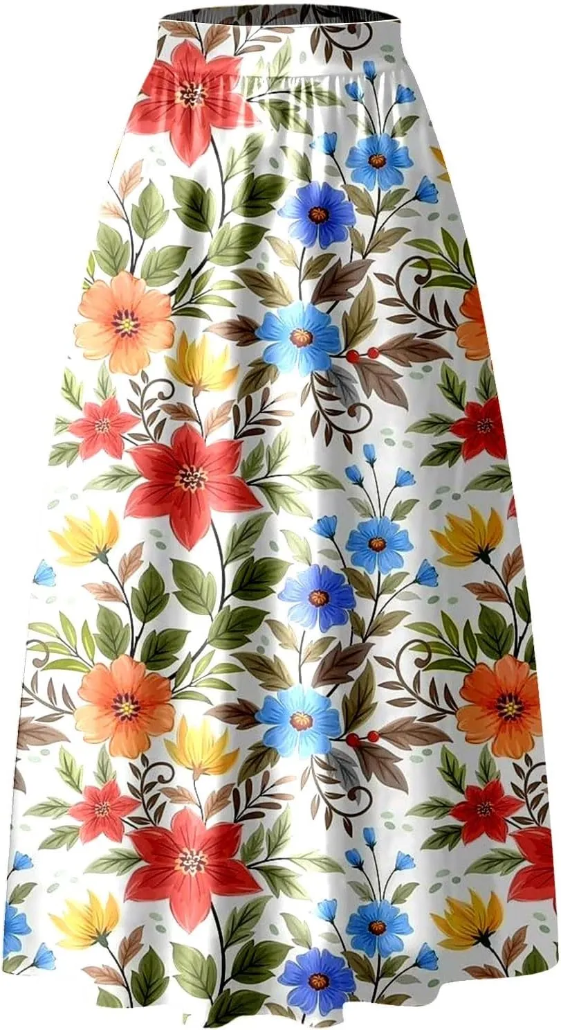 Maxi Skirt for Women Floral Print High Waist Boho Skirts 2025 Summer Beach Long Skirt Robe Loose Dress with Pockets