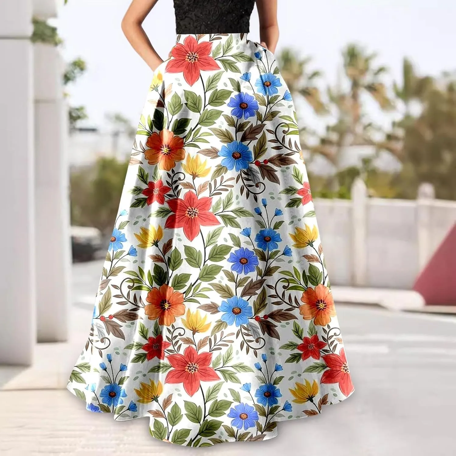 Maxi Skirt for Women Floral Print High Waist Boho Skirts 2025 Summer Beach Long Skirt Robe Loose Dress with Pockets