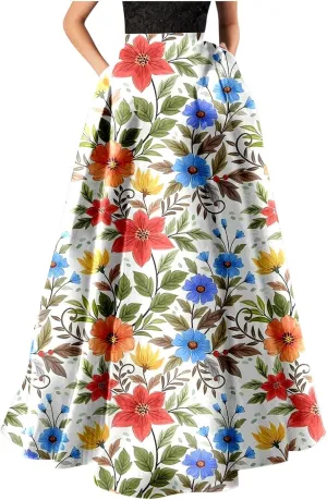 Maxi Skirt for Women Floral Print High Waist Boho Skirts 2025 Summer Beach Long Skirt Robe Loose Dress with Pockets