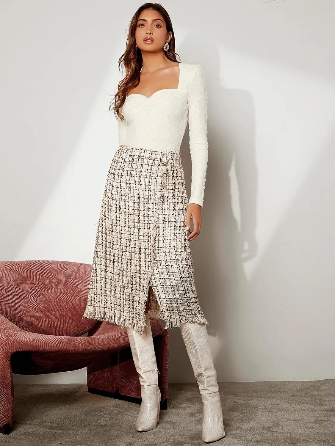 Maxi Skirts for Women High Waisted and Black Plaid Hem Slit A-Line Skirt