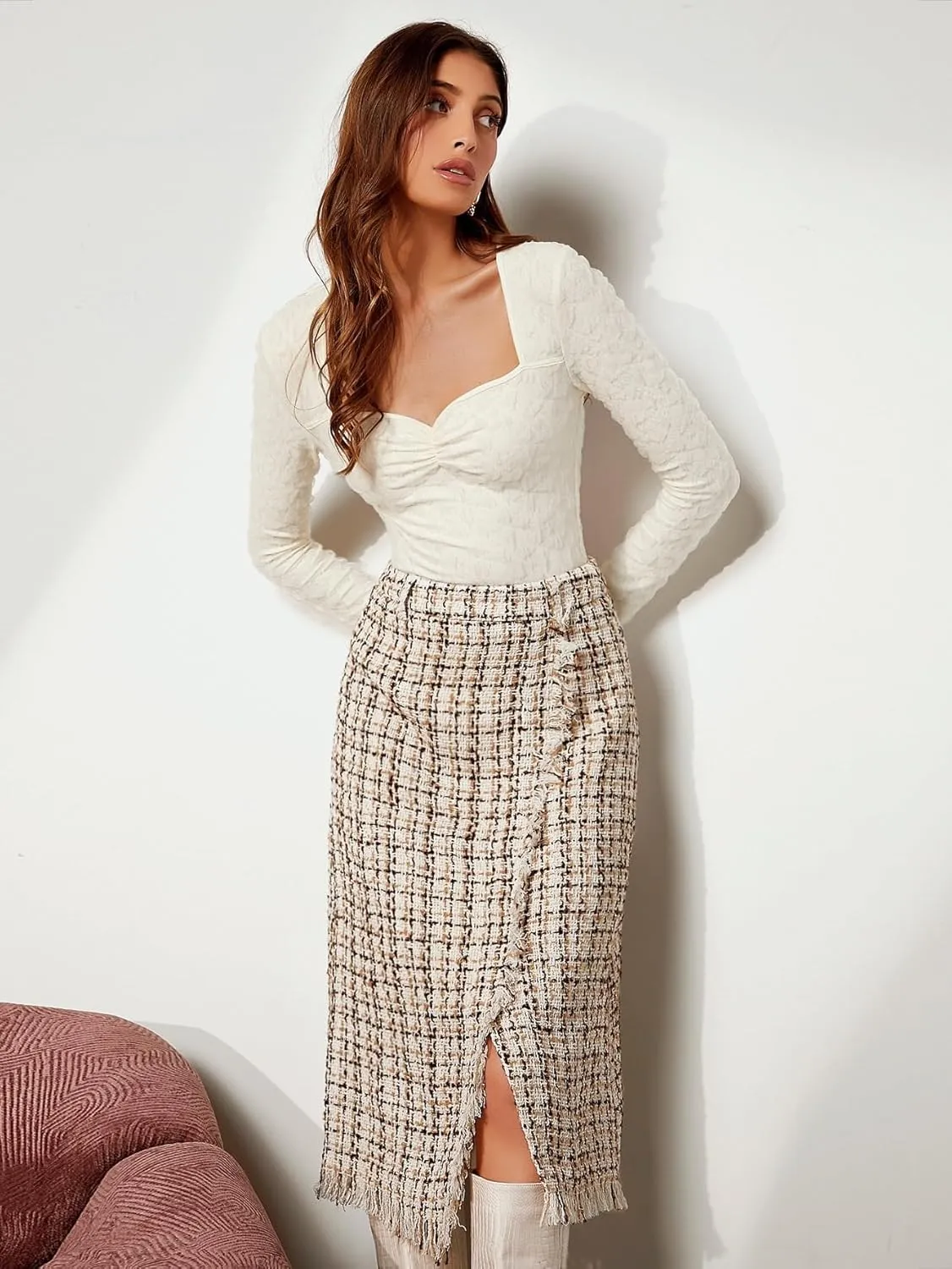 Maxi Skirts for Women High Waisted and Black Plaid Hem Slit A-Line Skirt