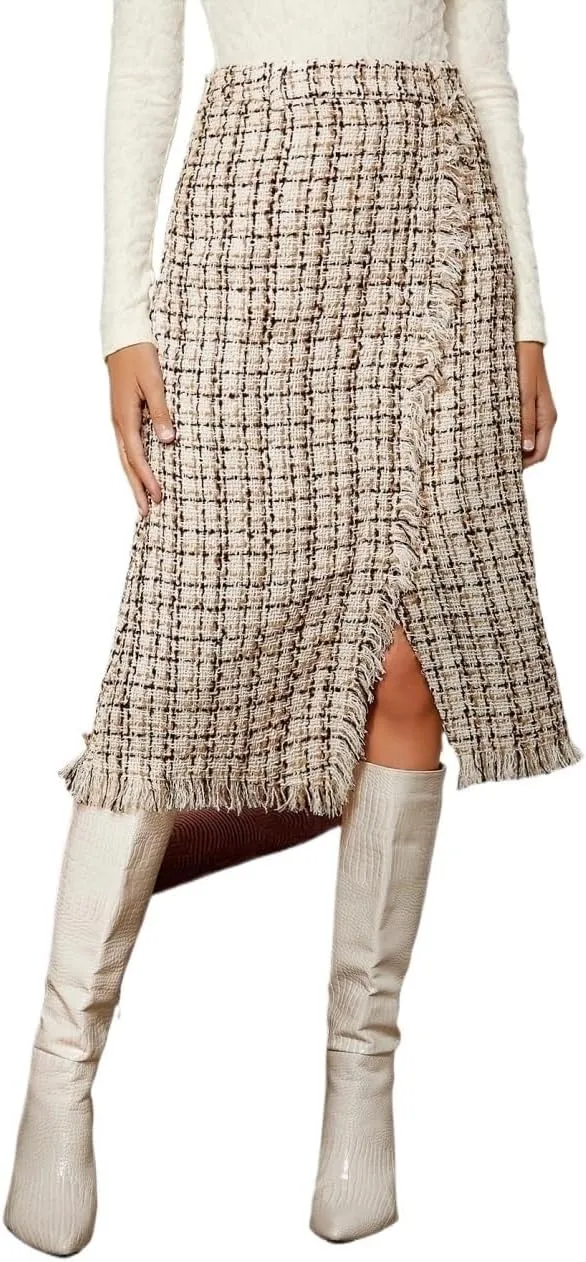 Maxi Skirts for Women High Waisted and Black Plaid Hem Slit A-Line Skirt