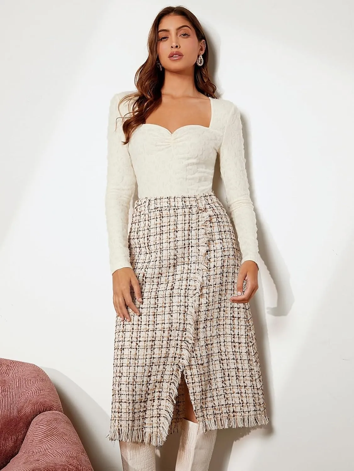 Maxi Skirts for Women High Waisted and Black Plaid Hem Slit A-Line Skirt