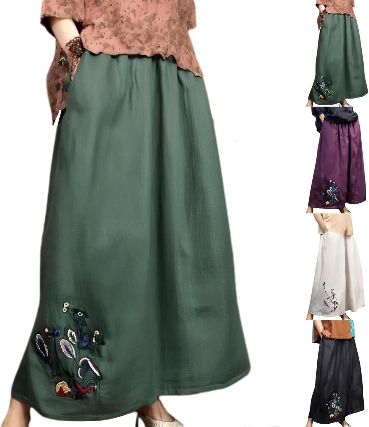 Maxi Skirts For Women Summer Embroidered Print A Line Elastic Waist Loose Flowy Trendy Casual with Pockets 2025