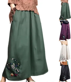 Maxi Skirts For Women Summer Embroidered Print A Line Elastic Waist Loose Flowy Trendy Casual with Pockets 2025