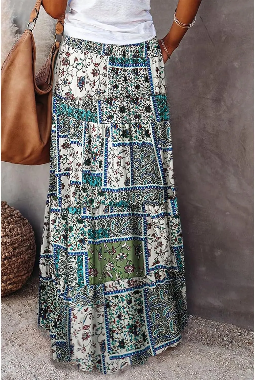 Maxi Skirts for Women Summer Floral Elastic High Waist Drawstring Tropical Skirts Pleated A-Line Tiered Long Skirt