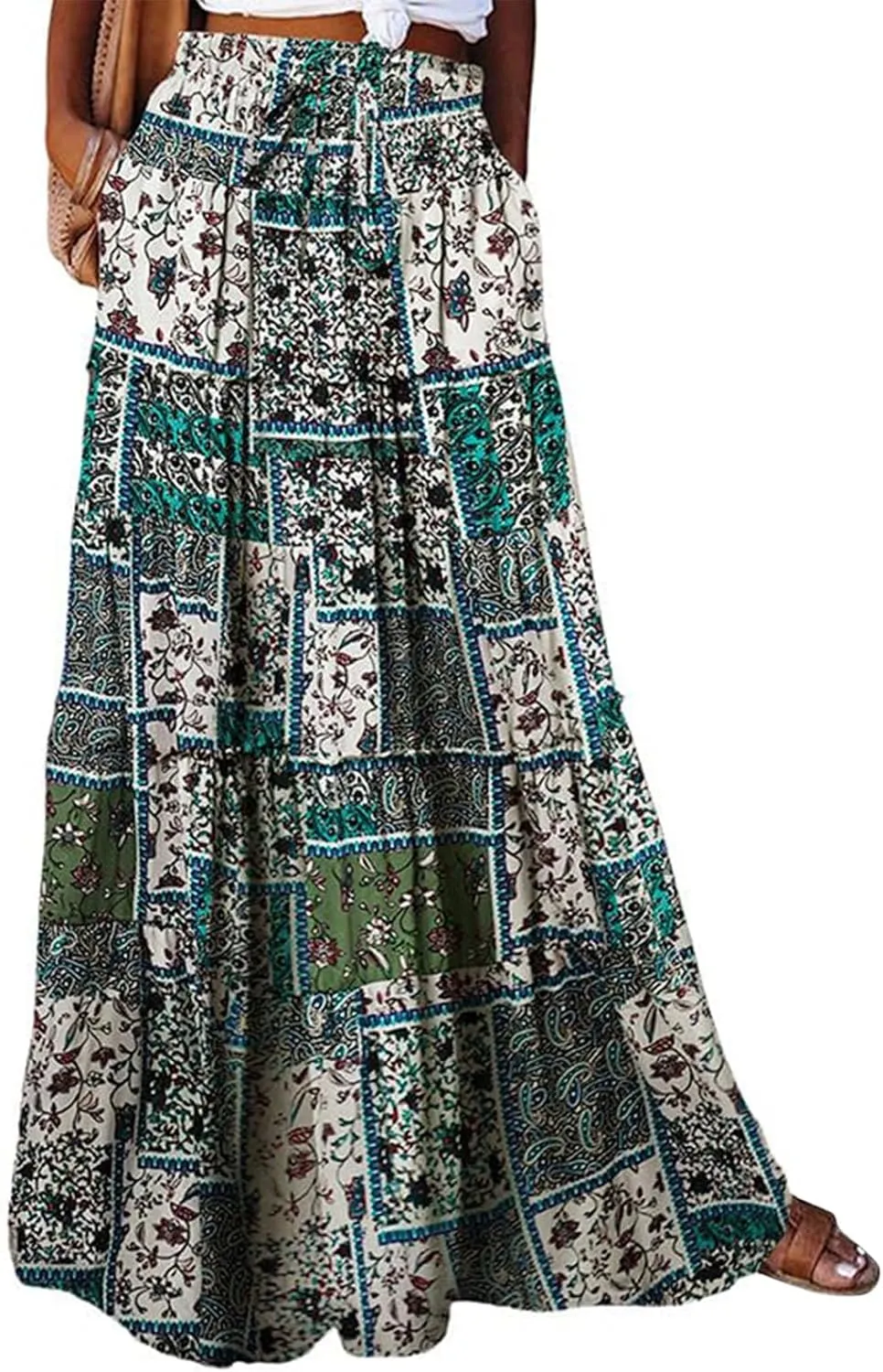 Maxi Skirts for Women Summer Floral Elastic High Waist Drawstring Tropical Skirts Pleated A-Line Tiered Long Skirt