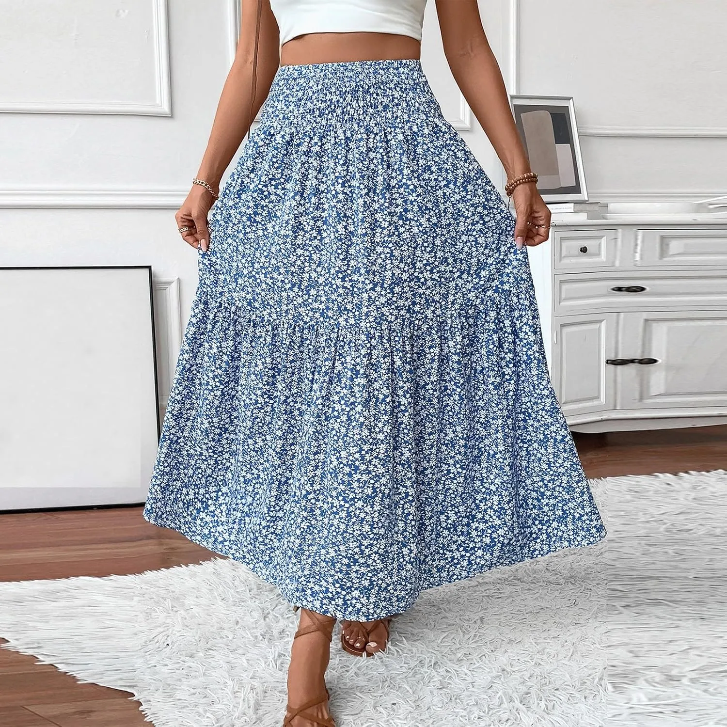 Maxi Skirts for Women Trendy Summer Tiered Elastic High Waisted Floral Skirt Vacation A Line Flowy Long Skirts