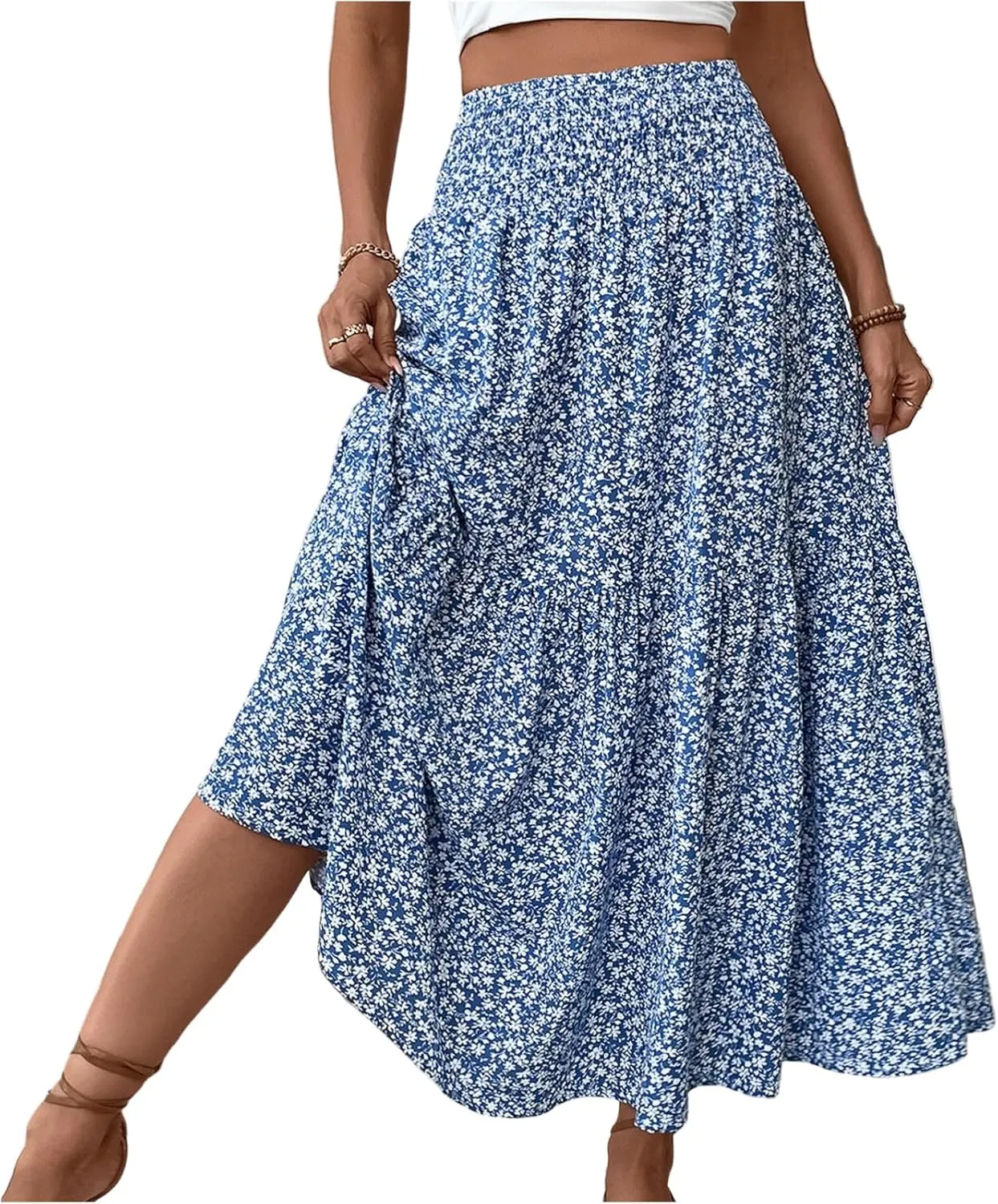 Maxi Skirts for Women Trendy Summer Tiered Elastic High Waisted Floral Skirt Vacation A Line Flowy Long Skirts