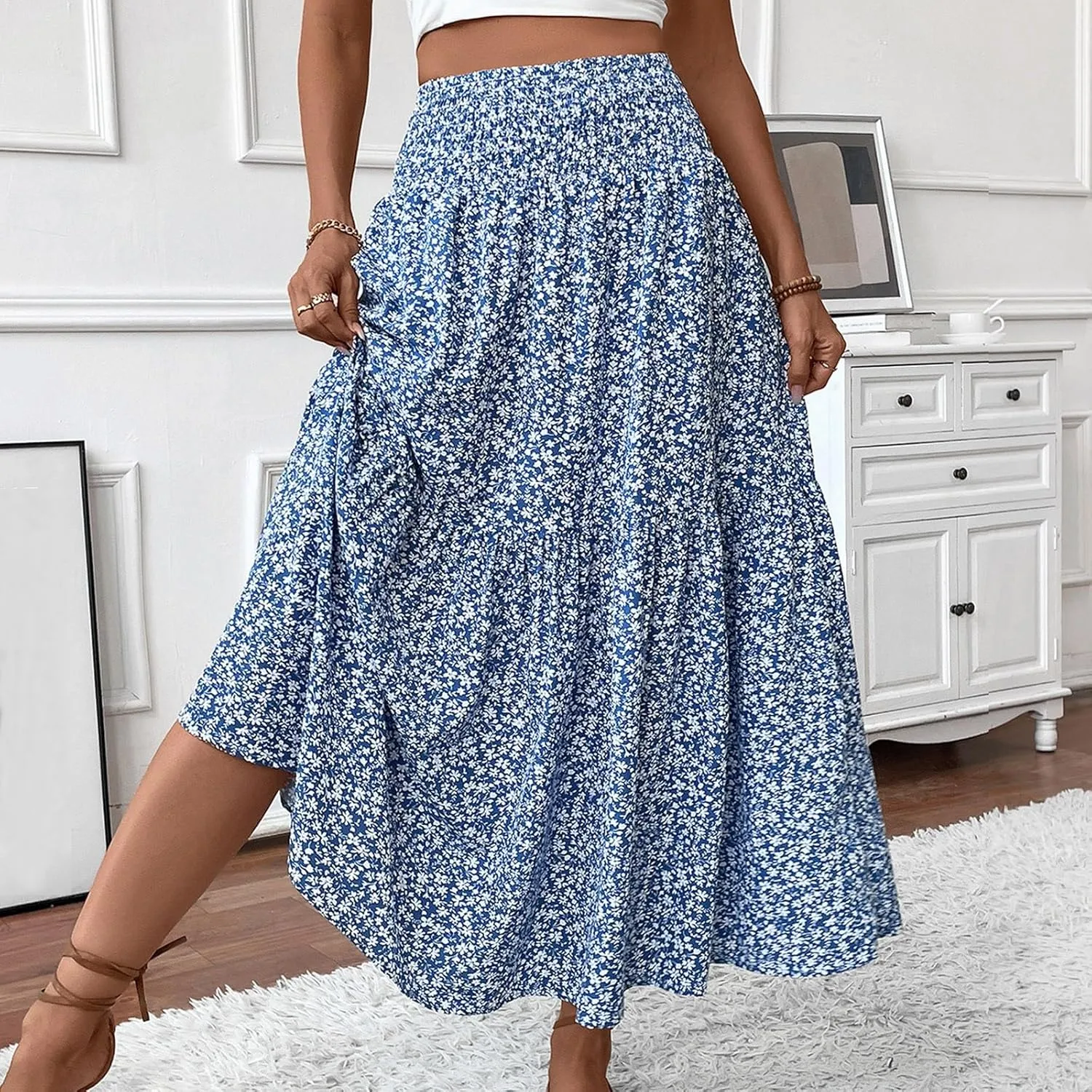 Maxi Skirts for Women Trendy Summer Tiered Elastic High Waisted Floral Skirt Vacation A Line Flowy Long Skirts