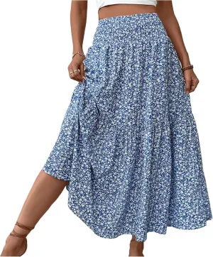 Maxi Skirts for Women Trendy Summer Tiered Elastic High Waisted Floral Skirt Vacation A Line Flowy Long Skirts