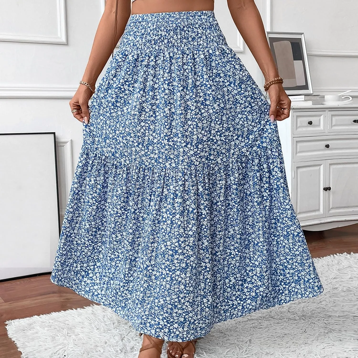 Maxi Skirts for Women Trendy Summer Tiered Elastic High Waisted Floral Skirt Vacation A Line Flowy Long Skirts