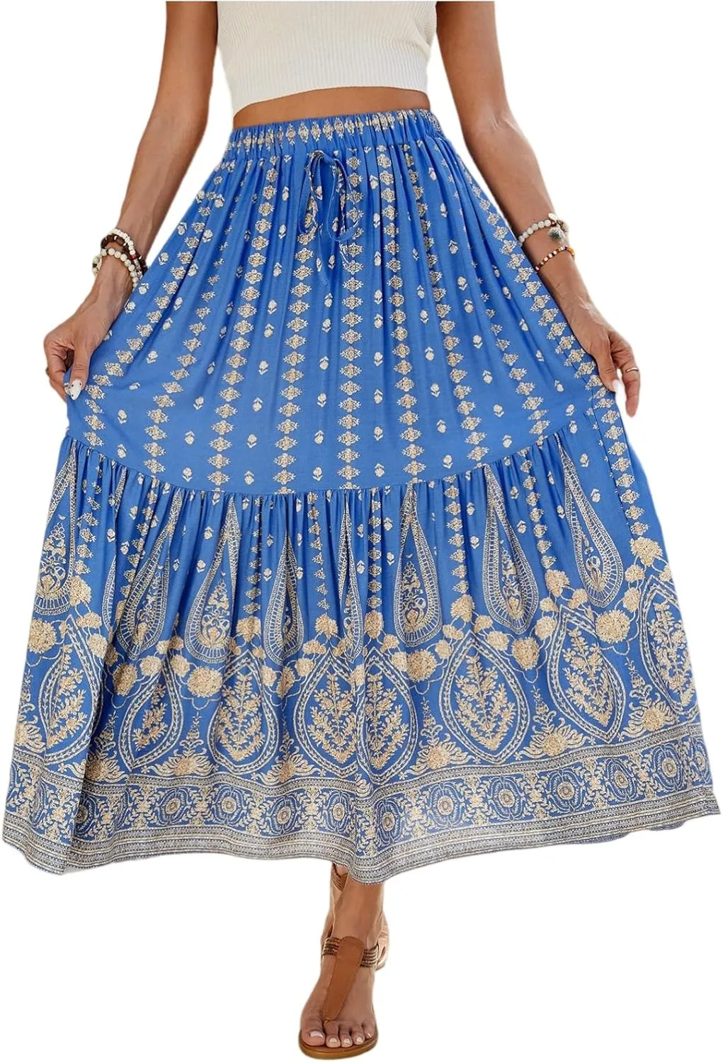Maxi Skirts for Women,Beach Vacation Hawaiian Long Boho Skirt Spring Summer Elastic Waist Flowy Skirts 2025 Trendy