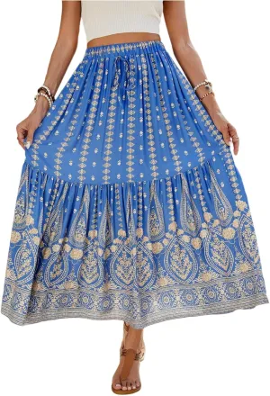 Maxi Skirts for Women,Beach Vacation Hawaiian Long Boho Skirt Spring Summer Elastic Waist Flowy Skirts 2025 Trendy