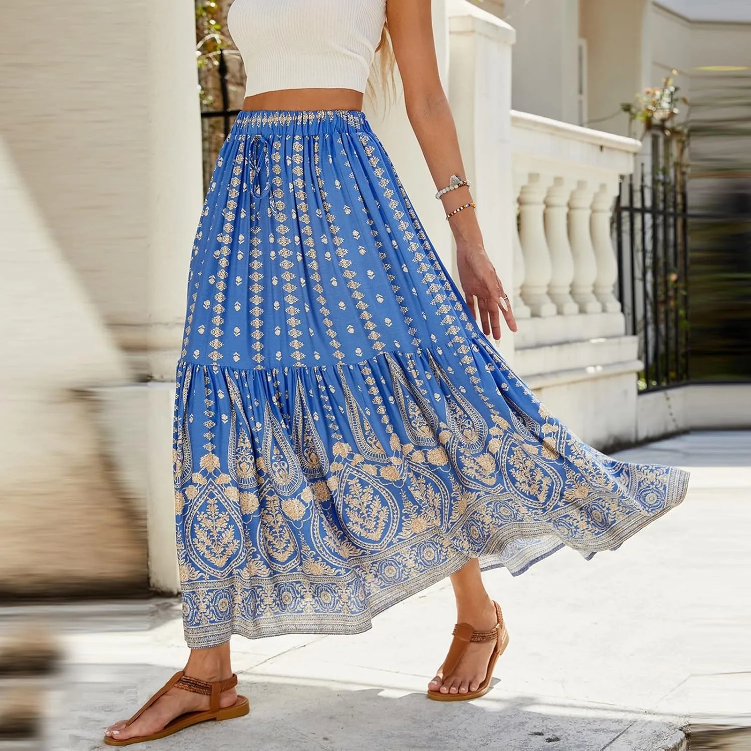 Maxi Skirts for Women,Beach Vacation Hawaiian Long Boho Skirt Spring Summer Elastic Waist Flowy Skirts 2025 Trendy