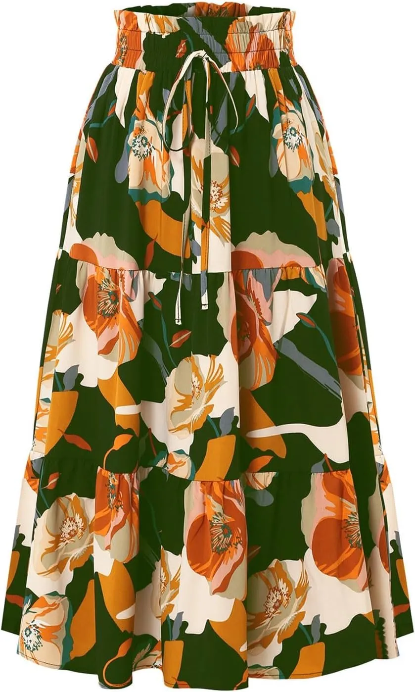 Maxi Skirts for Women,Trendy High Waisted Womens Boho Maxi Skirt with Pockets Pleated Flowy Long Skirts 2025