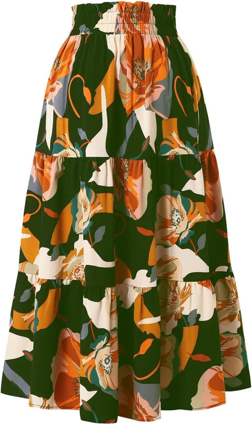 Maxi Skirts for Women,Trendy High Waisted Womens Boho Maxi Skirt with Pockets Pleated Flowy Long Skirts 2025