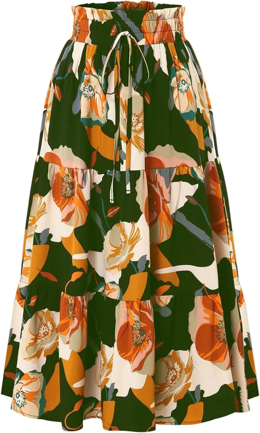Maxi Skirts for Women,Trendy High Waisted Womens Boho Maxi Skirt with Pockets Pleated Flowy Long Skirts 2025