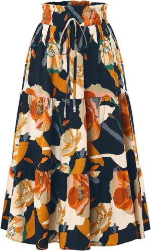 Maxi Skirt,Womens Boho Maxi Skirt with Pockets Elastic High Waisted Linen Summer Flowy Long Skirts for Women 2025