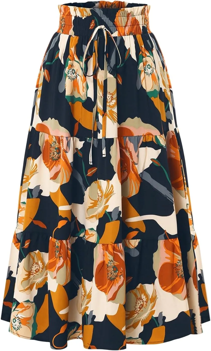 Maxi Skirt,Womens Boho Maxi Skirt with Pockets Elastic High Waisted Linen Summer Flowy Long Skirts for Women 2025
