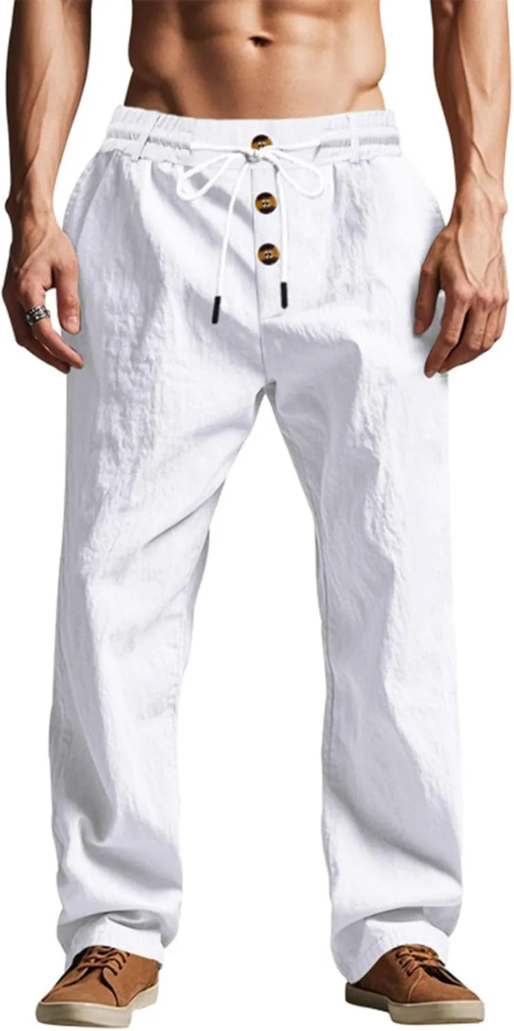 Men Linen Pants Fashion Button Lace up Elastic Waist Beach Casual Sweatpant Loose Comfy Plus Size Wide Leg Trouser