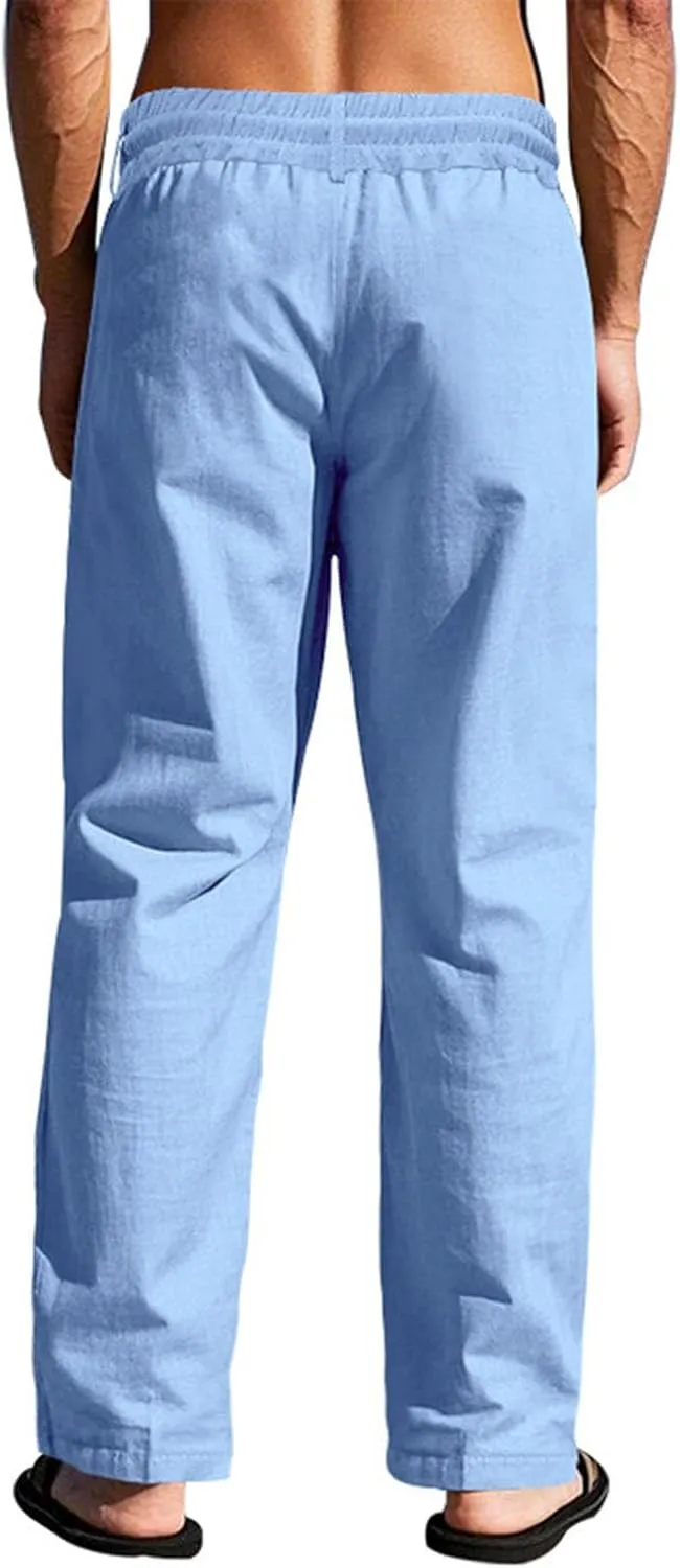 Men Linen Pants Fashion Button Lace up Elastic Waist Beach Casual Sweatpant Loose Comfy Plus Size Wide Leg Trouser
