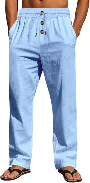 Men Linen Pants Fashion Button Lace up Elastic Waist Beach Casual Sweatpant Loose Comfy Plus Size Wide Leg Trouser