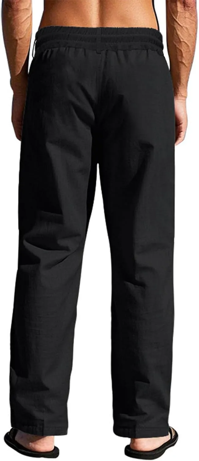 Men Linen Pants Fashion Button Lace up Elastic Waist Beach Casual Sweatpant Loose Comfy Plus Size Wide Leg Trouser
