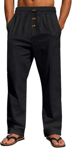 Men Linen Pants Fashion Button Lace up Elastic Waist Beach Casual Sweatpant Loose Comfy Plus Size Wide Leg Trouser