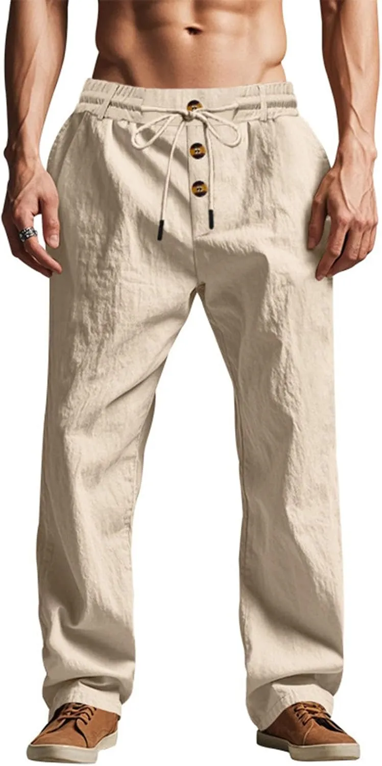 Men Linen Pants Fashion Button Lace up Elastic Waist Beach Casual Sweatpant Loose Comfy Plus Size Wide Leg Trouser