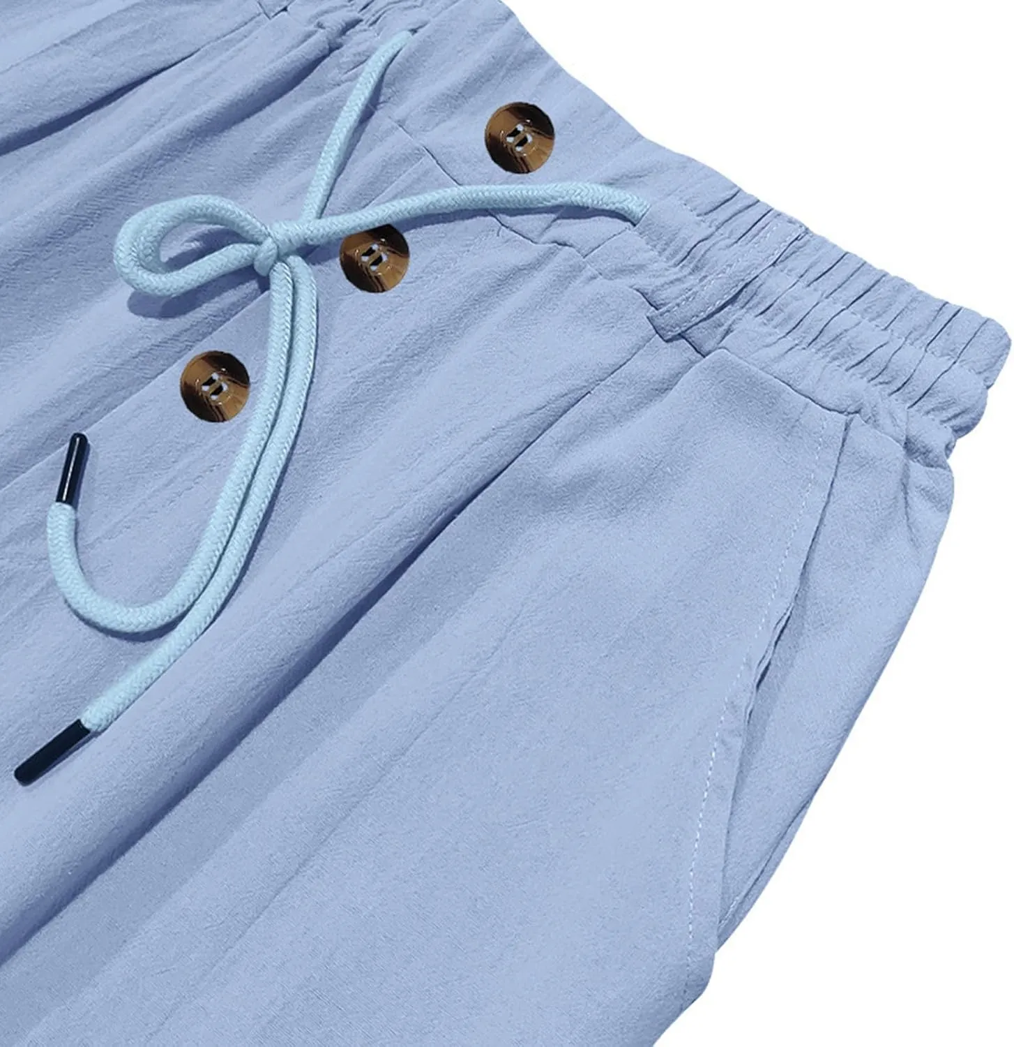 Men Linen Pants Fashion Button Lace up Elastic Waist Beach Casual Sweatpant Loose Comfy Plus Size Wide Leg Trouser