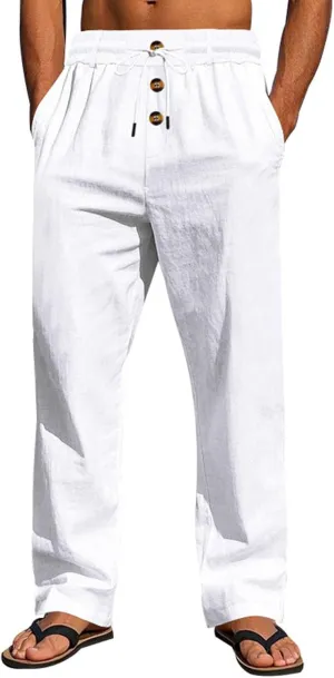 Men Linen Pants Fashion Button Lace up Elastic Waist Beach Casual Sweatpant Loose Comfy Plus Size Wide Leg Trouser