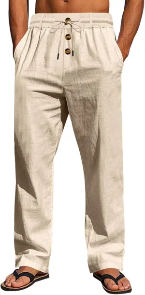 Men Linen Pants Fashion Button Lace up Elastic Waist Beach Casual Sweatpant Loose Comfy Plus Size Wide Leg Trouser