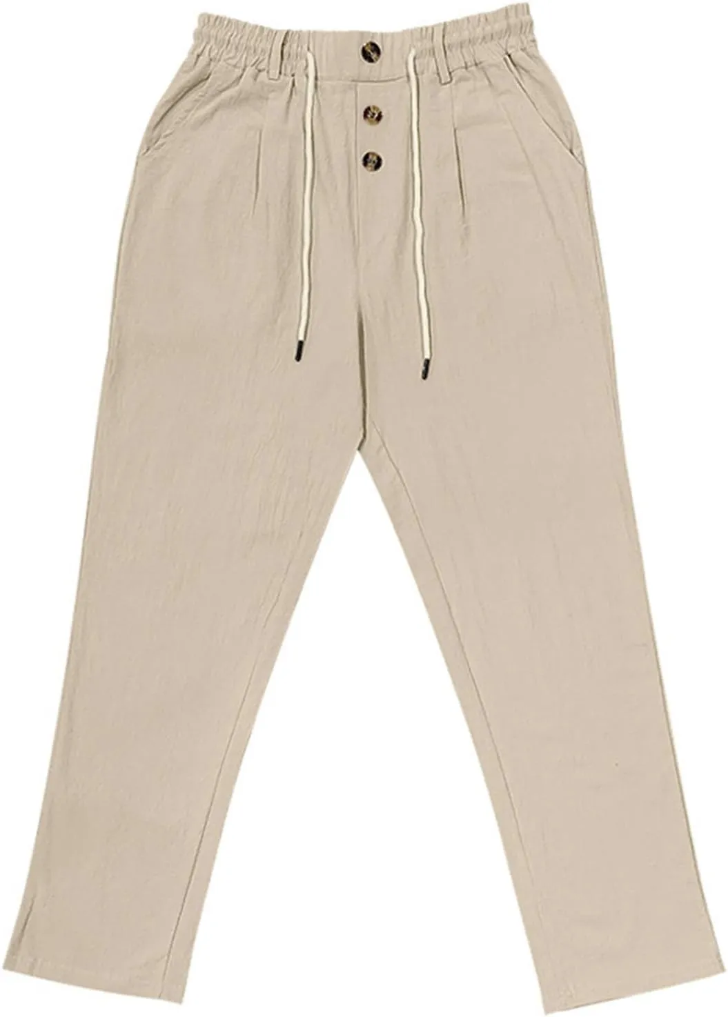 Men Linen Pants Fashion Button Lace up Elastic Waist Beach Casual Sweatpant Loose Comfy Plus Size Wide Leg Trouser