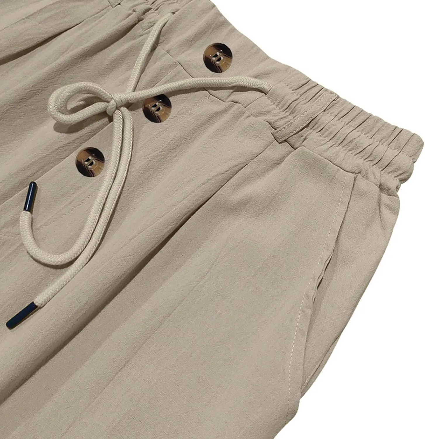 Men Linen Pants Fashion Button Lace up Elastic Waist Beach Casual Sweatpant Loose Comfy Plus Size Wide Leg Trouser